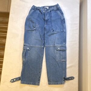 We The Free Women's Blue Denim Cargo Jeans Adjustable Waist Flap Cargo Pockets